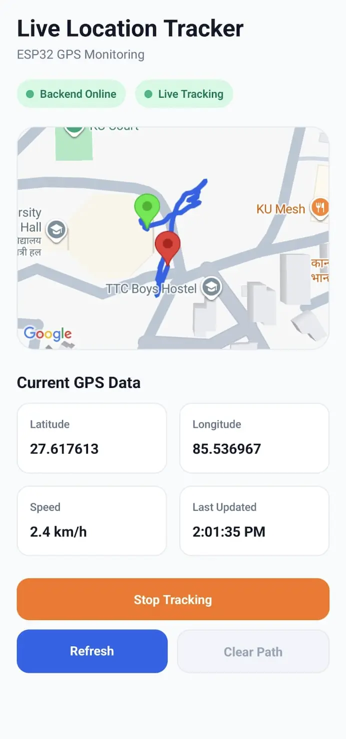 Live Location Tracker mobile application showing real-time GPS tracking